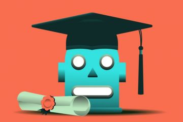 Robot illustration in a graduate hat and degree scroll Robot illustration in a graduate hat and degree scroll