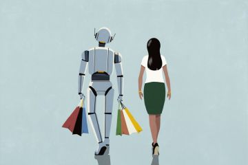 A robot carries a woman's bags, symbolising AI assistance A robot carries a woman's bags, symbolising AI assistance