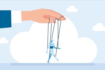 A human hand manipulates a robot marionette, illustrating human judgement A human hand manipulates a robot marionette, illustrating human judgement