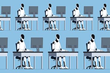 Many robots working on computers, illustrating standardised peer reviews produced by AI Many robots working on computers, illustrating standardised peer reviews produced by AI