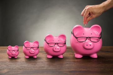 Row of increasing-sized pink piggy banks