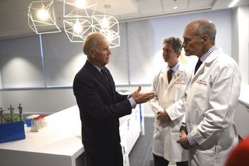 Joe Biden (L) meets with (C-R) Dr. Bruce Levine and Dr. Carl June, while touring the University of Pennsylvania, Perelman School of Medicine and Abramson Cancer Center in Philadelphia, Pennsylvania January 15, 2016. Joe Biden (L) meets with (C-R) Dr. Bruce Levine and Dr. Carl June, while touring the University of Pennsylvania, Perelman School of Medicine and Abramson Cancer Center in Philadelphia, Pennsylvania January 15, 2016.