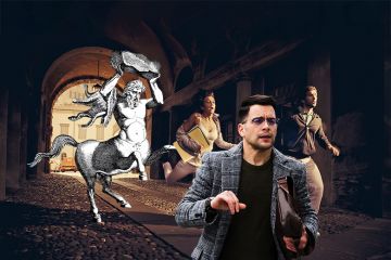 A centaur chasing academics who are afraid. The amalgamation of disparate disciplines (symbolised by the centaur) into larger administrative units is prompting fears about academic identity, voice and workload.