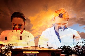 Storm rain clouds above house roof in Australia, superimposed with scientists using microscopes. To illustrate Australia’s blue research skies clouding over. Storm rain clouds above house roof in Australia, superimposed with scientists using microscopes. To illustrate Australia’s blue research skies clouding over.