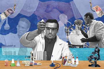 An illustration of scientists in the lab by Miles Cole (9 August 2018) An illustration of scientists in the lab by Miles Cole (9 August 2018)