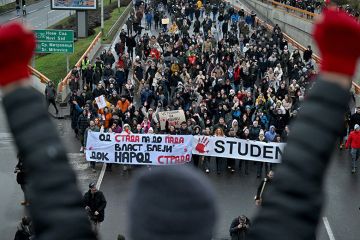 Students and protestors take part in a demonstration and blockade on the highway E75 in Belgrade, Serbia, on January 10, 2025, to demand accountability over the fatal collapse of a train station roof in November 2024. Students and protestors take part in a demonstration and blockade on the highway E75 in Belgrade, Serbia, on January 10, 2025, to demand accountability over the fatal collapse of a train station roof in November 2024.