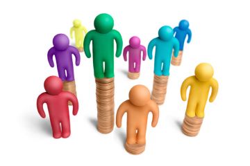 People standing on piles of coins People standing on piles of coins