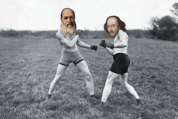 Shakespeare and Plato fist-fighting in field Shakespeare and Plato fist-fighting in field