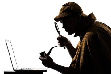 Sherlock Holmes laptop computer silhouette illustrating investigation of buyout by Turnitin of Ouriginal anti-plagiarism technology, ACCC