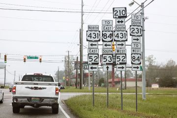 A confusing mass of signs by a US road