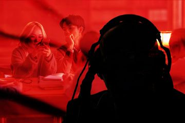 Silhouette of spy with headphones listening to students. Silhouette of spy with headphones listening to students.