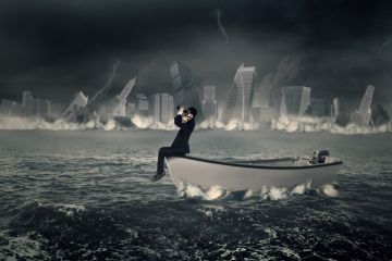 A man in a boat views a storm through binoculars as buildings fall behind him A man in a boat views a storm through binoculars as buildings fall behind him, symbolising social media storms