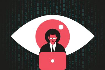 Giant eye watching at man working at the computer Giant eye watching at man working at the computer, symbolising spying