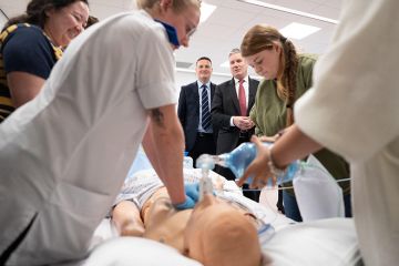 Labour leader Keir Starmer (right) and Wes Streeting watch a demonstration of CPR by training paramedics during a visit to Health Sciences Clinical Simulation Unit  which is part of York University