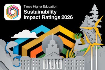 Sustainability Impact Ratings logo with supplement artwork of university, deer, trees and fish in waves and wind turbines. Sustainability Impact Ratings logo with supplement artwork of university, deer, trees and fish in waves and wind turbines.