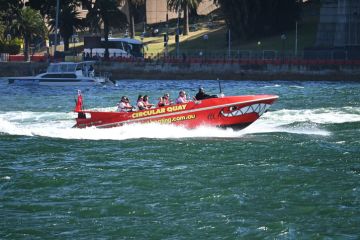 Sydney - Dec 29 2025Jet Boat Adventure Ride from Circular Quay Sydney NSW Australia.The ride offers high-speed thrills, reaching up to 75 km-h, with 270-degree spins, power slides, and fish-tails