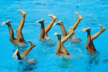 Synchronised swimmers' legs in pool Synchronised swimmers' legs in pool