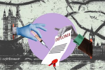 A hand holding a syringe and a hand holding a diploma coming together, with the UK Houses of Parliament cracked in the background. To illustrate how government could be more joined up, with teaching and research under one ministry.