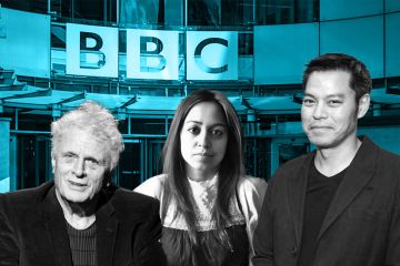 Montage of Laurie Taylor (left), Shahida Bari (centre) and Kevin Fong (right) with BBC headquarters in the background. To illustrate that a cull of BBC shows axes a launchpad for public academics.