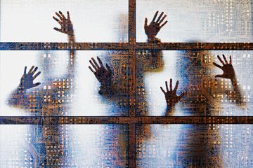 People outlined behind a screen showing computer circuitry People outlined behind a screen showing computer circuitry