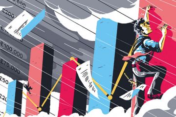 Illustration of man climbing up graph