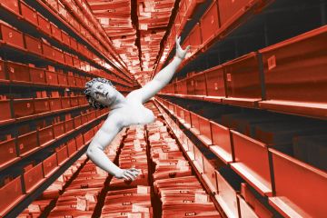 A statue surrounded by files A statue surrounded by files