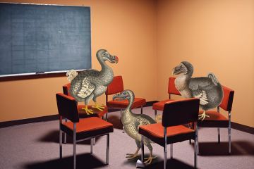 An illustration of three dodos in a classroom An illustration of three dodos in a classroom