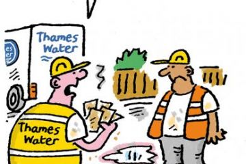 Cartoon showing a drain blocked with money