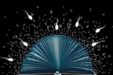 Image of open book with letters flying out and cartoon sperm flying in