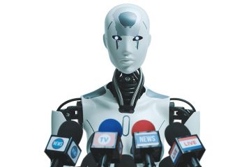 Image of a robot speaking into press microphones Image of a robot speaking into press microphones