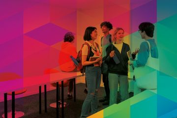 Image showing students talking against a backdrop of a spectrum of colour to illustrate the wide spectrum of neurodiverse needs Image showing students talking against a backdrop of a spectrum of colour to illustrate the wide spectrum of neurodiverse needs