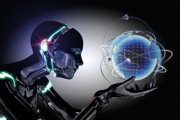 Futuristic robot searching location on the globe. Futuristic robot searching location on the globe.