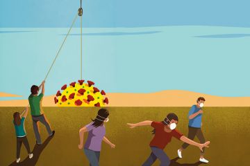 Illustration of people pulling up the sun / Covid-19 virus whilst others are running away Illustration of people pulling up the sun / Covid-19 virus whilst others are running away