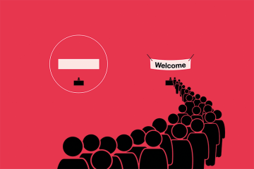 Illustration of a people queuing up to a desk with a “Welcome” banner hanging above it Illustration of a people queuing up to a desk with a “Welcome” banner hanging above it