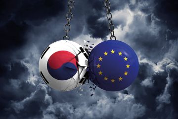 Image of two wrecking balls colliding: one painted with South Korea flag, one painted with the European Union flag Image of two wrecking balls colliding: one painted with South Korea flag, one painted with the European Union flag