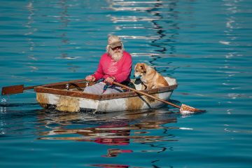 An elderly man and his dog paddling a row boat in Monterey Bay, California. An elderly man and his dog paddling a row boat in Monterey Bay, California.