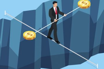 A man walks a tightrope with a pole bearing dollar coins A man walks a tightrope with a pole bearing dollar coins, symbolising donor pressure