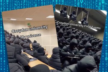Screengrabs from TikTok of people in black jackets in a lecture theatre purporting to be about “Croydon University” – a fake institution. Examples of viral disinformation about London safety which is ‘damaging universities’.