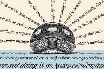 A tortoise hiding in its shell while being bombarded with lines of text. To illustrate publishers being inundated with requests which can lead to standards slipping.