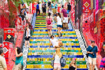 Tourists visiting Selaron stairway, Rio de Janeiro, Brazil
