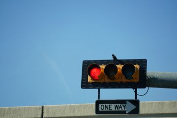 A red traffic light and a "one way" sign A red traffic light and a "one way" sign, symbolising research direction
