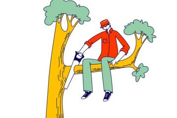 Illustration: a man cuts off the tree branch he is sitting on A man cuts off the tree branch he is sitting on, illustrating unintended consequences