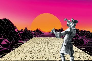 Montage of Gulliver with digital sunset and board of symbols Montage of Gulliver with digital sunset and board of symbols to illustrate I thought I was a creative scientist – until AI worked out my trick