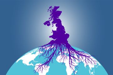 Roots from a map of the UK spreading over the globe. To illustrate that internationalisation has diversified since Brexit. Roots from a map of the UK spreading over the globe. To illustrate that internationalisation has diversified since Brexit.