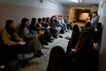 Students of Taras Shevchenko National University of Kyiv attend class in an underground shelter during an air raid alert on 3 March, 2025 in Kyiv, Ukraine