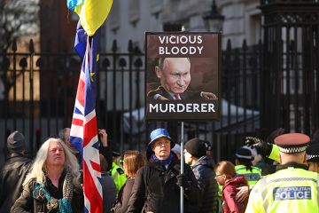 Demonstrators attend a rally in support of Ukraine opposite Downing Street on 2 March 2025 in London, England. To illustrate number of Russians coming to the UK for study has ‘collapsed’ during war in Ukraine, with Russians feeling they are not welcome