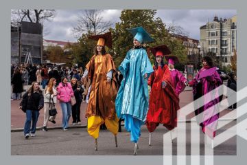 Students of Kyiv-Mohyla Academy walking on stilts celebrate the 409th birthday of the university in Kyiv, Ukraine, 15 October 2024. To illustrate the resilience of universities in Ukraine. Students of Kyiv-Mohyla Academy walking on stilts celebrate the 409th birthday of the university in Kyiv, Ukraine, 15 October 2024. To illustrate the resilience of universities in Ukraine.