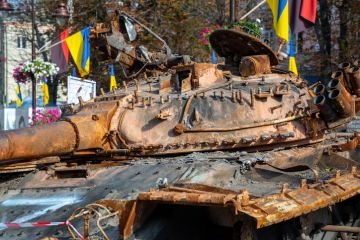 Destroyed Russian military equipment Ukraine. Khmelnytskyi August 24, 2022. Destroyed military equipment of Russia in the war with Ukraine on parade before Independence Day.