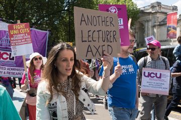Members of the UCU from the higher education sector march to demand fair pay, secure jobs and real investment in higher education system amid funding cuts, staff redundancies and plummeting international enrolments in London, 10 May 2025. Members of the UCU from the higher education sector march to demand fair pay, secure jobs and real investment in higher education system amid funding cuts, staff redundancies and plummeting international enrolments in London, 10 May 2025.