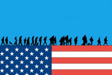 Illustration of people walking across top of the US flag, illustrating academics leaving America.